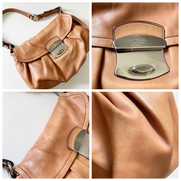 Prada brown nappa lambskin leather pushlock shoulder flap bag baguette - Picture 4 of 12